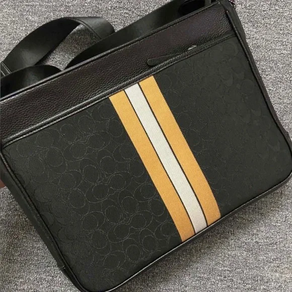 Coach Thompson Signature Stripe Messenger Crossbody Bag | Black Leather Canvas - Picture 14 of 16